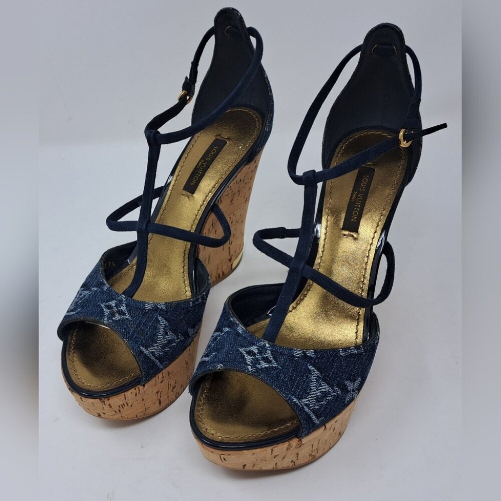 Louis Vuitton Monogram Denim Wedge Platform Ankle Wrap Pumps Shoes 7.5 / 37.5 EU - Picture 2 of 16